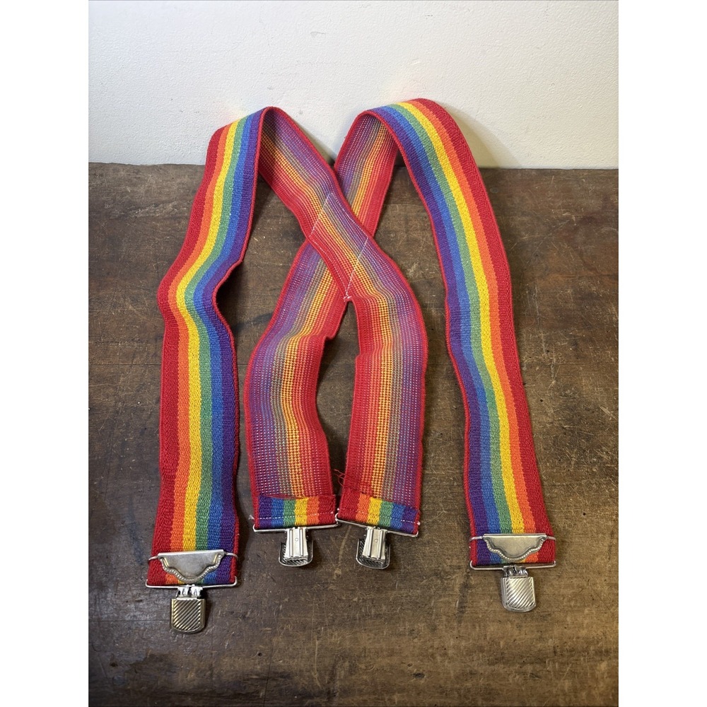 Vtg Rainbow Suspenders 70's-80's Wide 2" Straps Silver Toned Clips Adjustable